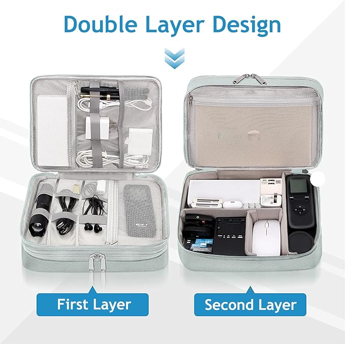 Electronics Travel Organizer, Double Layer Cable Organizer Bag Waterproof Electronics Accessories Storage Bag for Charger, Phone, Power Bank, Hard Drive, Cord, Tablet