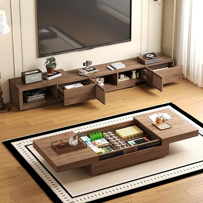 NessCarsti Mid-Century Modern TV Stand & Expandable Coffee Table Set, Walnut Finish, Stylish Storage Combo for Living Room or Bedroom (78.54“ to 103" TV Stand+Coffee Table)