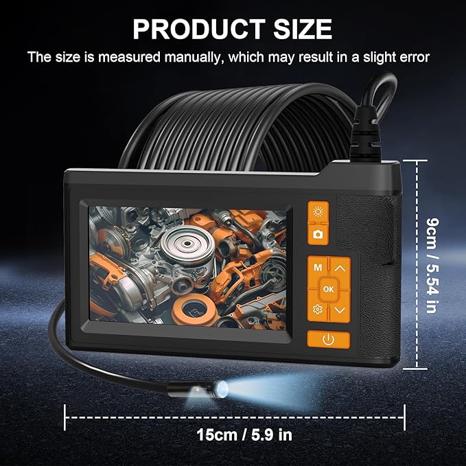 Dual Lens Endoscope Camera with Light, 4.3" Borescope with Photo/Video Function & Free(Built in 32GB Card), 16.4FT Semi-Rigid Snake Cable with IP67 Waterproof for Pipe, Engine & HVAC Inspection