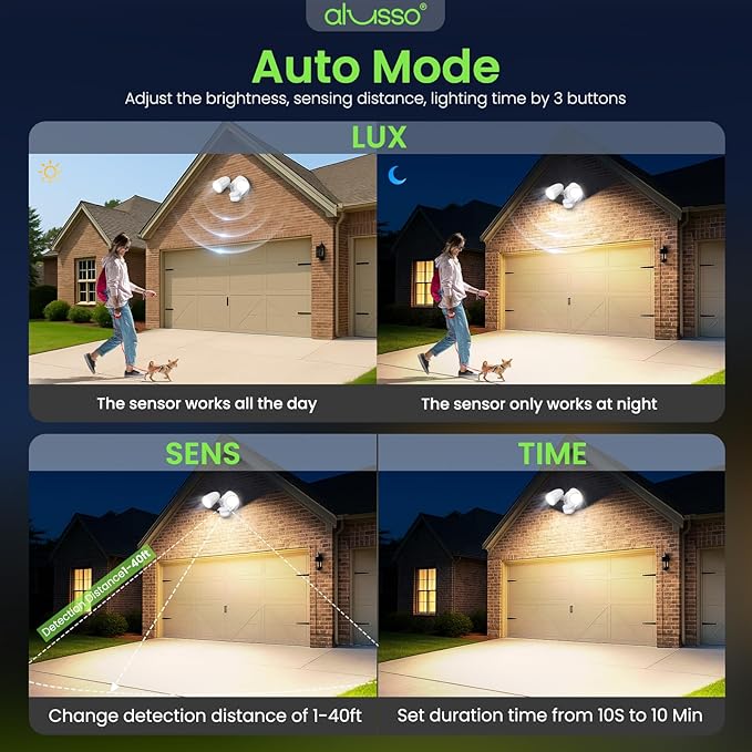 ALUSSO Motion Sensor Outdoor Lights Metal Heads, 30W Flood Lights Outdoor 3600LM, 3 Modes Dusk to Dawn/Auto/On Time, 3000K 4000K 6500K Adjustable, Hardwired Security Light ETL Listed, White 1PC