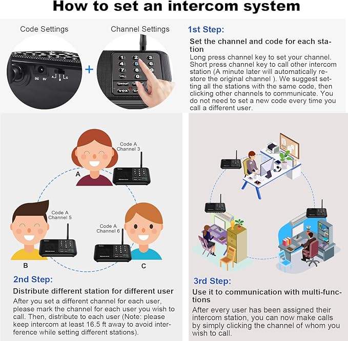 Wuloo Intercoms Wireless for Home 5280 Feet Range 10 Channel 3 Code, Wireless Intercom System for Home House Business Office, Room to Room Intercom, Home Communication System (6 Packs, Black)