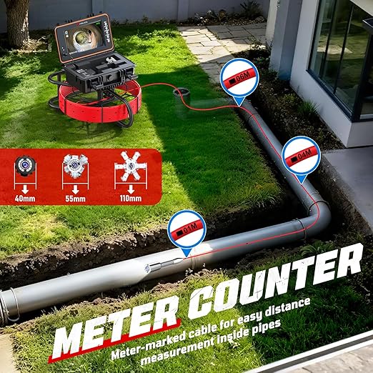HBUDS Sewer Camera, Self Leveling Drain Camera 165ft with Meter Counter, 7mm Thick Cable, 9" HD Screen 1080P Plumbing Cameras Snake with Light, 5100mAh Battery Duct Pipe Video Inspection Cam DVR 32GB