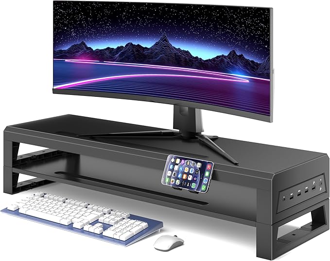 GECKOSTROLL 2-Tier Metal Computer monitor stand Laptop Desk Shelf & Monitor Riser ，27.55 inches long desk riser ,22W charging power, 2 USB 3.0 ports, and 1 USB 2.0 port Monitors/PC/Laptop/Computer Space Saver Organizer(USB Hub Fast Charging Version, Tw...
