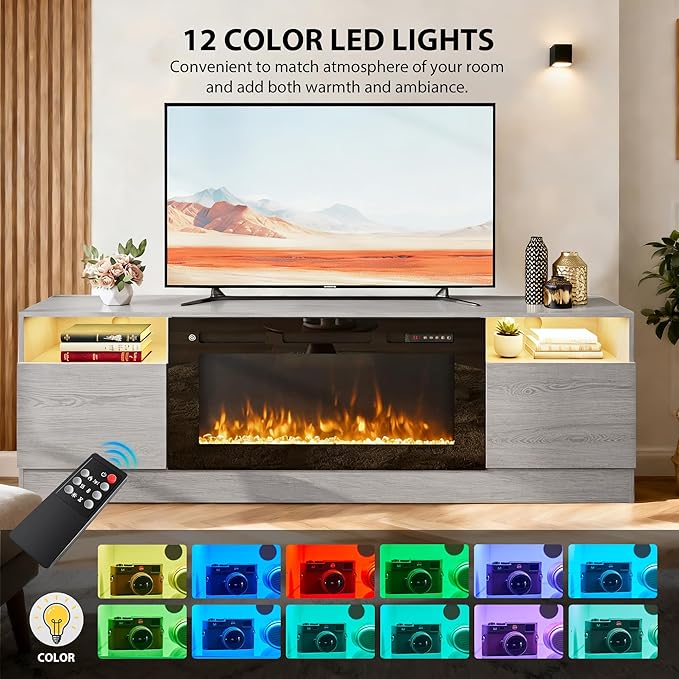 YISUFO 70" TV Stand with 36" Electric Fireplace, Large Modern Media Entertainment Center with Storage Cabinet and 12 Colors LED Lights for TVs Up to 80",Grey and Black