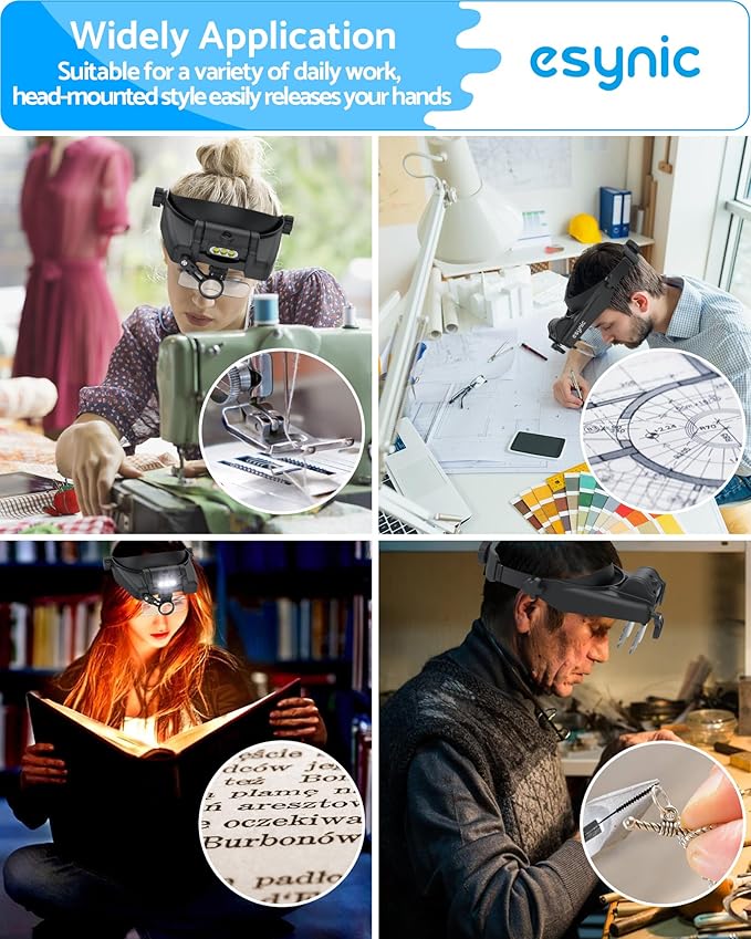 eSynic Type-C Rechargeable Magnifying Glasses Headset-Up to 14X Magnification-5 Interchangeable Lens-3 LED Lights -2 Adjustable Brightness Levels-Comfort & Fit Headband Magnifier for Crafts/Reading