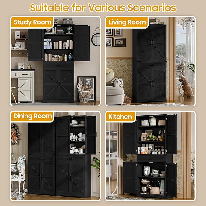 72" Kitchen Pantry Storage Cabinet, Farmhouse Style With Adjustable Shelves, Large Capacity Drawer, Freestanding Cupboard for Kitchen, Dining Room, Living Room, Black