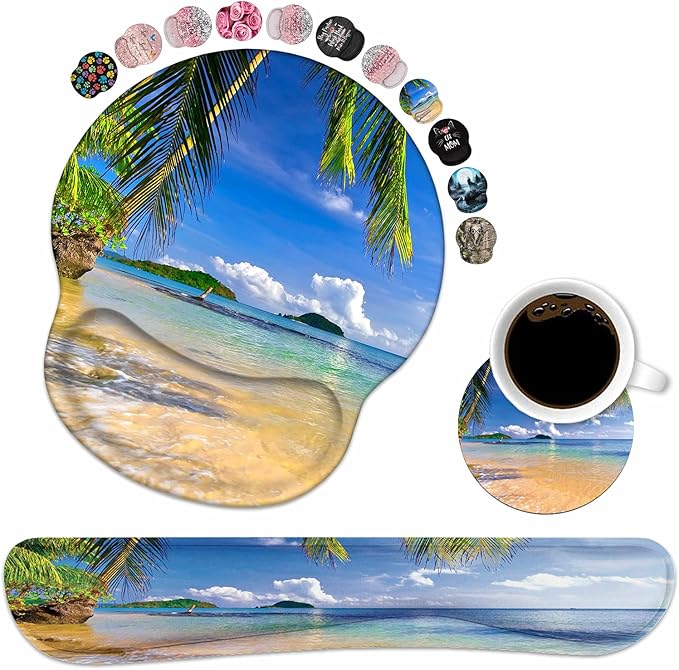 Keyboard Wrist Rest and Mouse Pad Wrist Support Set with Coasters, Non-Slip PU Base Ergonomic Gaming Mousepad for Home Office Working Studying Easy Typing & Pain Relief, Shore Palms Tropical Beach