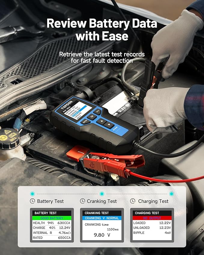 Car Battery Tester 24V 12V Load Tester, TOPDON BT200 100-2000CCA Automotive Alternator Tester Digital Auto Battery Analyzer Charging Cranking System Tester for Car Truck Motorcycle ATV SUV Boat Yacht