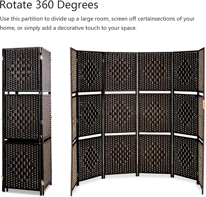Bonnlo Upgraded Heavy Duty 6FT Tall Rattan Room Divider Screens with Partition Wall 2 Display Shelves, Indoor Folding Screen Dual-Sided Hinges for Home Office (6 Panels)