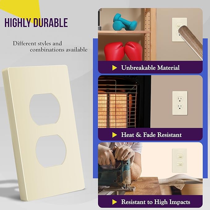 ENERLITES Duplex Outlet Receptacle Cover, Screwless Wall Plate, Standard Size, 1-Gang 4.68" x 2.93", Unbreakable Polycarbonate Thermoplastic, UL Listed, SI8821-LA-10PCS, Light Almond, 10 pack