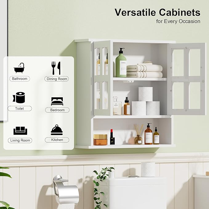Modern Hanging Bathroom Cabinet, Sturdy Wooden Medicine Cabinet with Buffering Hinge & Anti-Scratch Door, Space-Saving Wall Mounted Over Toilet (Cross-Panel Door)