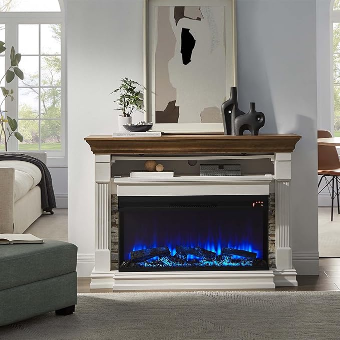 OKD 52 Inch Electric Fireplace with Mantel, Fireplace TV Stand with 36" 3-Sided Glass Electric Fireplace Heater for Living Room (Antique White)