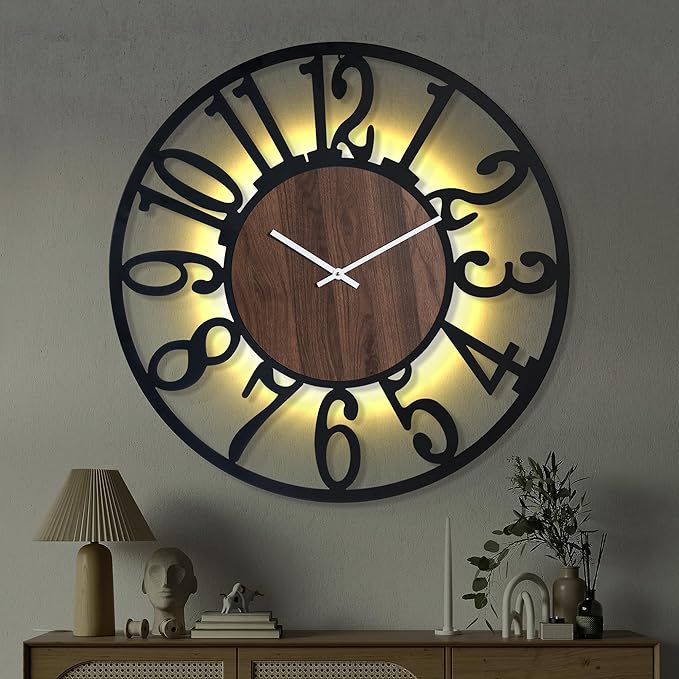 Casaformia 32'' Large Silent Wall Clock with Night Light, Glow in The Dark Decorative Wall Clock Battery Operated, Rustic Modern Metal & Wood Clocks for Bedroom Living Room Decor, Arabic Numerals