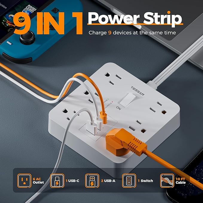 1700J Surge Protector Power Strip, TESSAN 10Ft Extension Cord with Multiple Outlets, Outlet Extender with 6 AC, 3 USB Ports(1 USB C), Charging Station for Home Office Dorm Room Essentials, White