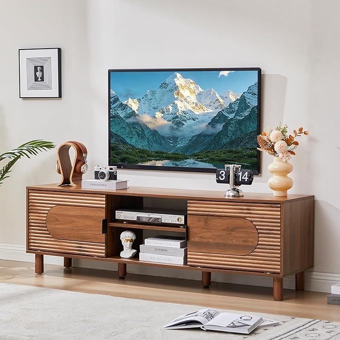 Bifins 63inch Wood TV Stand for Televisions up to 70 Inches,Mid Century Modern Entertainment Center TV Console Table with Storage and Shelf for Living Room Bedroom (Walnut)