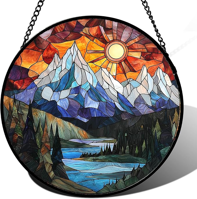 AMDERVEN Stained Glass Window Hanging - Colorful Mountain Lake Landscape Sun Catcher for Door Garden Home Decor Suncatcher Christmas Mother's Day Birthday Gifts for Women Men Mom Nana 11.8 in