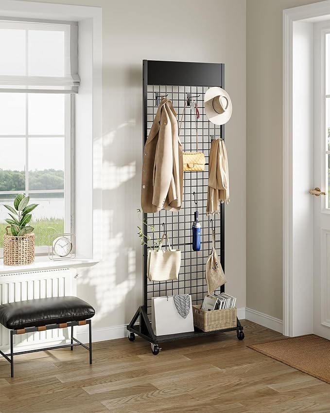 CHOEZON Grid Wall Panel, 2’ x 5.7’ Ft Floor Standing Gridwall Display Rack, Retail Display Stand, with 4 S-Shaped Hooks and 4 Garment Hooks, for Entryway, Study, Kitchen, Outdoors, Black TCJ27BB
