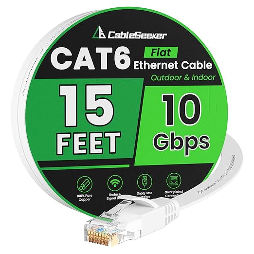 Cat 6 Ethernet Cable 15ft, Indoor&Outdoor, High Speed 10Gbps Flat Internet by CableGeeker