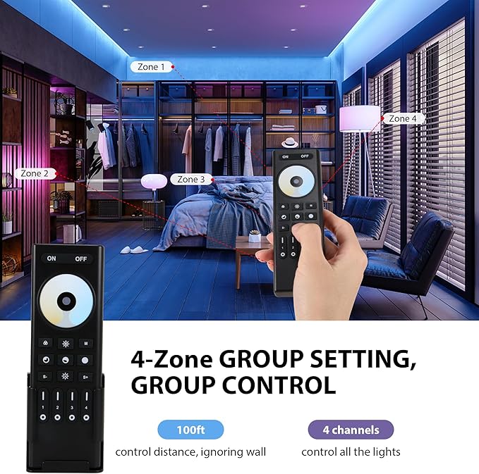 XXK RC02RFB RF Remoter, 4-Zone 2.4G Handheld RF Remote Control Compatible with CCT LED Controller, 99ft Wireless Control 4 Channel Group Control for Home CCT LED Strip Lights