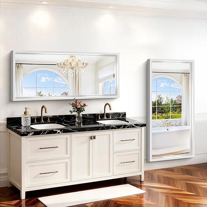 Silver Bathroom Mirror, 28x60 Inch Brushed Silver Rectangle Mirror for Wall, 0.6" Thickened Deep Frame Mirrors for Over Sink, Shatterproof Tempered Glass, Antirust, Horizontally or Vertically