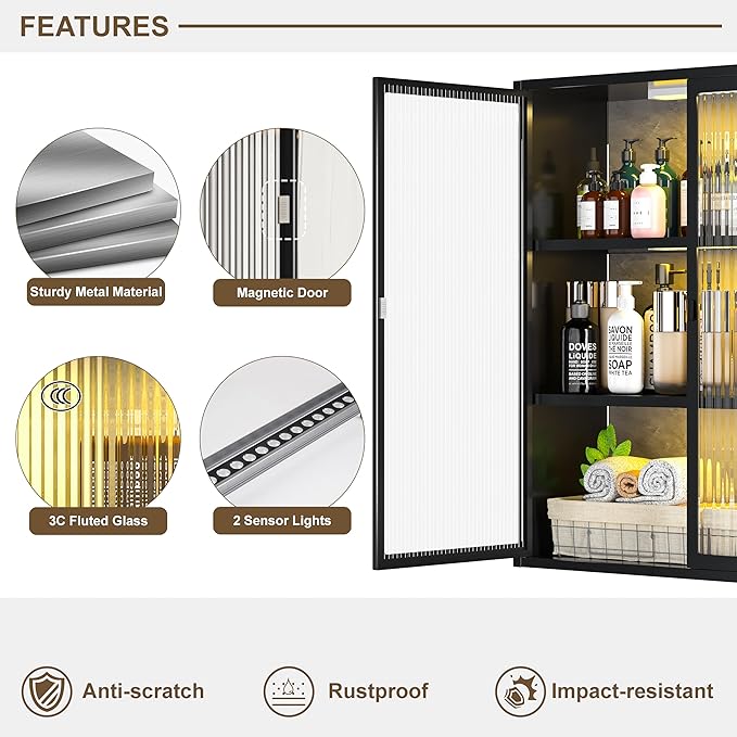 Bathroom Wall Cabinet Over Toilet, Metal Laundry Room Cabinets Wall Mounted, Metal Medicine Cabinets with Glass Doors, Hanging Wall Cabinets for Living Room, Black