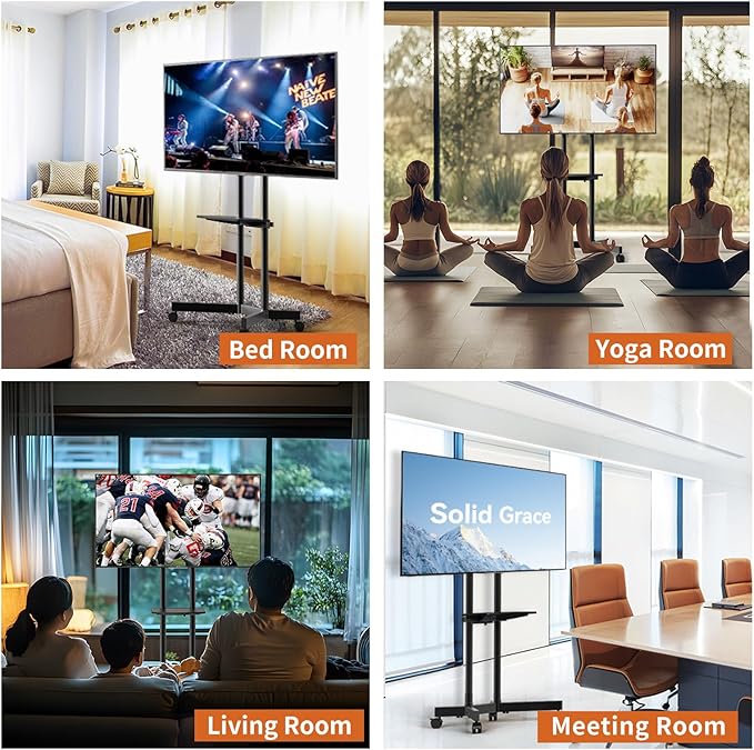 Solid Grace Rolling TV Stand with Wheels for 32-75 Inch TVs up to 88lbs, Portable TV Stand with Shelf, Mobile TV Cart for Living Room, Office, Meeting Room, Outdoor（MT2007 Upgrade Version）