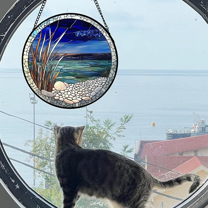 AMDERVEN Stained Glass Window Hanging 4 Pcs Set Navy Blue Ocean Landscape Large 11.8" - Suncatcher Door Garden Sun Catcher Decor Birthday Mother's Day for Mom Woman Nana Girl Boy Friend