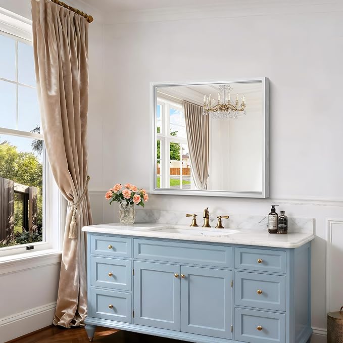 30x30 Inch Silver Bathroom Mirror, Brushed Silver Square Mirror for Wall, 0.6" Thickened Deep Frame Mirrors for Bathroom Sink, Shatterproof Tempered Glass, Antirust, Horizontally or Vertically