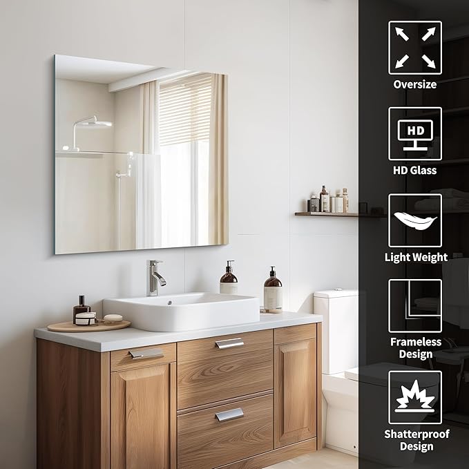 CILIBER 30x30 inch Frameless Bathroom Mirror, Square Frameless Mirrors for Wall, Upgraded Shatterproof Vanity Mirror 3mm Tempered Glass Lightweight Design for Bathroom Bedroom Living Room and Entryway