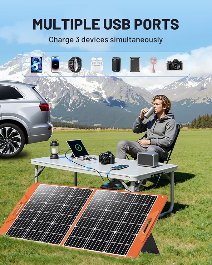 100W Portable Solar Panel for Power Station, 19.8V Foldable Solar Charger with DC/XT60/Anderson Cable & QC3.0 USB Outputs, 23% High Efficiency IP65 Waterproof 2 Kickstands for Outdoor Camping RV Trip