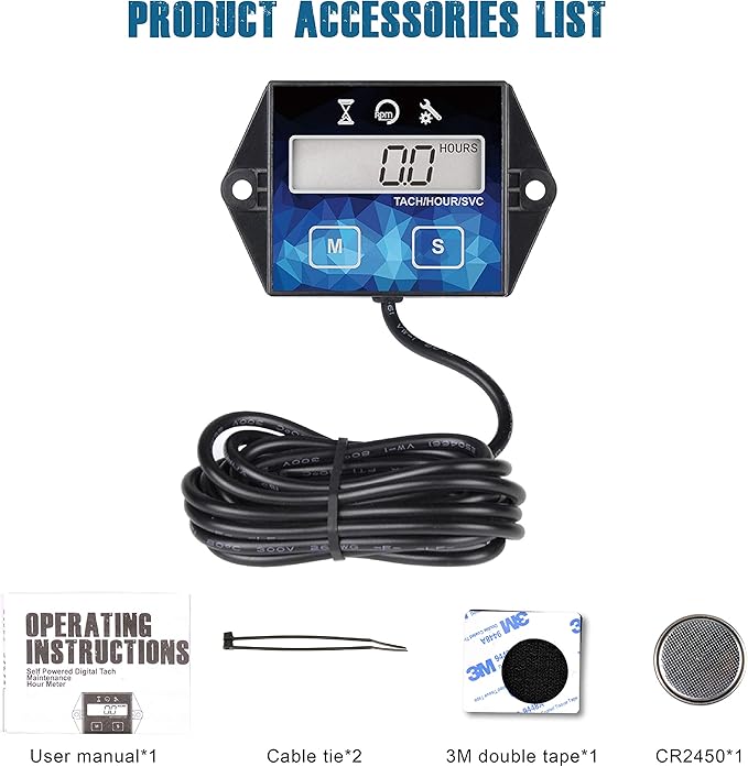 Runleader Small Engine Hour Meter, Digital Tachometer, Maintenance Reminder, Battery Replaceable, User Shutdown, Use for ZTR Lawn Mower Tractor Generator Marine Outboard ATV (HM011F)