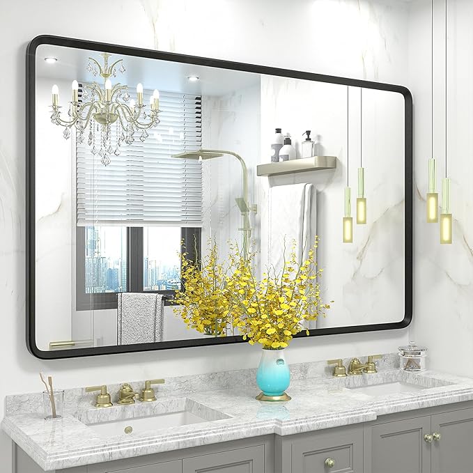 48x30 Black Bathroom Mirror, Black Matte Metal Framed Vanity Mirror, Rounded Rectangle Mirror, Anti-Rust, Shatterproof (Horizontal/Vertical)