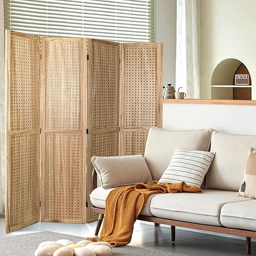 Babion 4 Panel Pegboard Display, Peg Board Room Divider Freestanding Folding Privacy Screens Display Stand for Craft Shows (Natural)