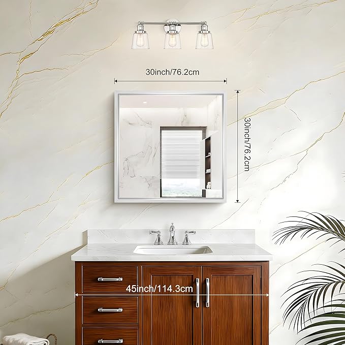 30x30 Inch Silver Bathroom Mirror, Brushed Silver Square Mirror for Wall, 0.6" Thickened Deep Frame Mirrors for Bathroom Sink, Shatterproof Tempered Glass, Antirust, Horizontally or Vertically