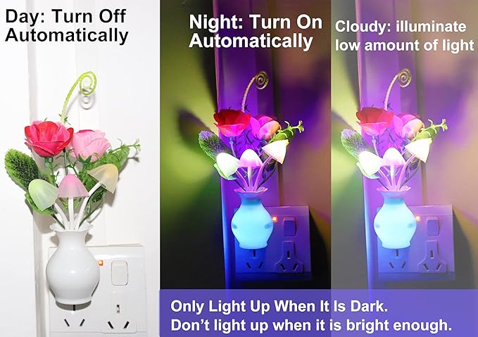 2Pack Plug in LED Night Light w/Auto Dusk to Dawn Sensor,AUSAYE 0.5W Energy Saving Lamp Dream Nightlight Rose Flower Mushroom Lights for Kids Adults Bedroom,Bathroom,Living Room,Kitchen,Hallway