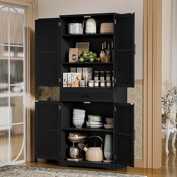 72" Kitchen Pantry Storage Cabinet, Farmhouse Style With Adjustable Shelves, Large Capacity Drawer, Freestanding Cupboard for Kitchen, Dining Room, Living Room, Black