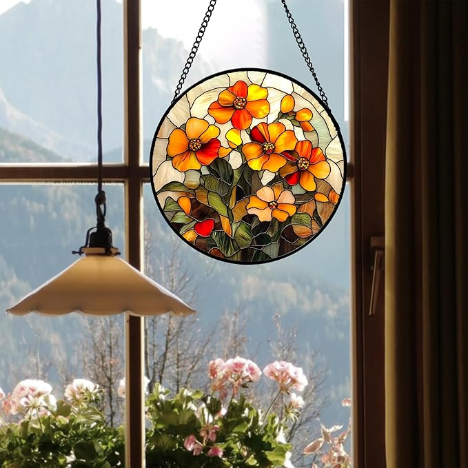 CRISGIF Stained Glass Window Hanging - Orange Marigolds Flowers Suncatcher for Door Garden Yard Sun Catchers Decor Christmas Mother's Day Birthday Gifts for Women Mom Nana Girlfriend Men 7.8 in