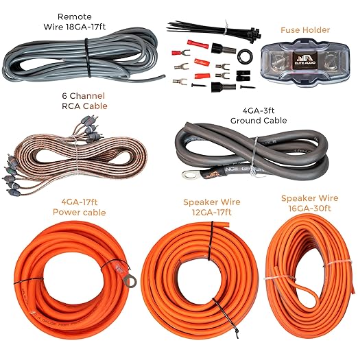Elite Audio Premium Series Amp Kit Copper Clad Aluminum Wire, Triple-Shielded RCA Cables, High-Power Capacity, ANL Fuse Holder, Car Amplifier Install Kit (4 Gauge (5-Channel))