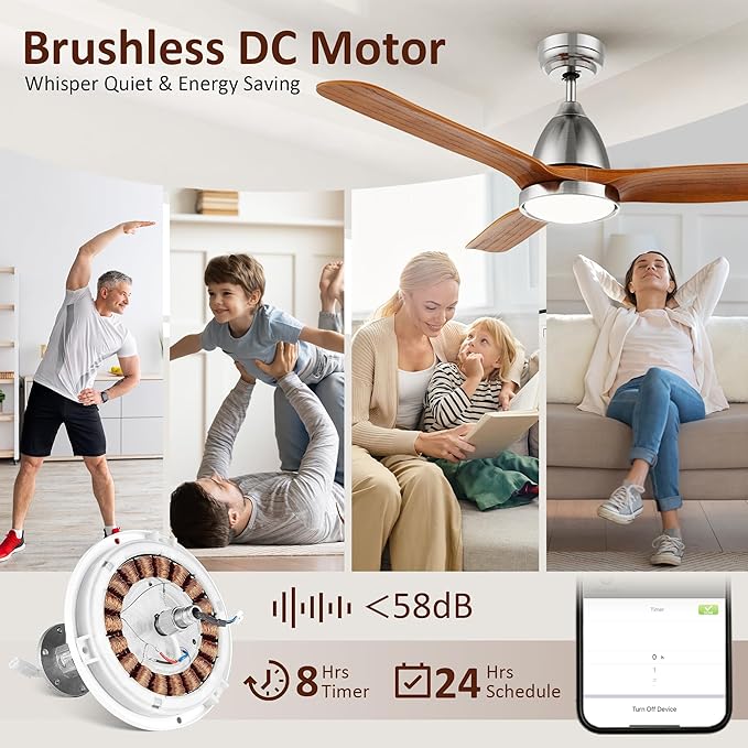 SMAAIR Walnut Solid 3- Blade Ceiling Fans with Lights, Dimmable LED Light, Reversible Motor Control on Remote & App Control 8 HrsTimer and 24 Hrs Schedule, Voice Device Connectable(52inch, Walnut)