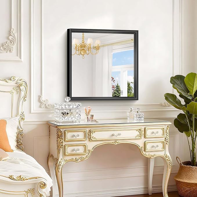 24x24 Square Black Mirror, Bathroom Mirrors for Over Sink 0.6" Thickened Deep Frame, Brushed Black Rectangle Mirrors for Wall, Shatterproof Tempered Glass, Antirust, Horizontally or Vertically