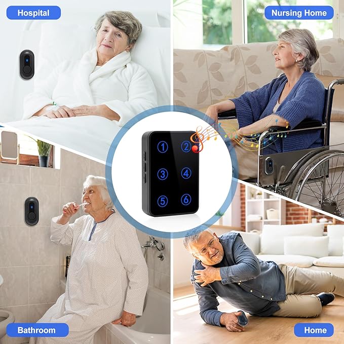 Wireless Caregiver Pager Call Button Nurse Call System 500Ft Range with LED Number Display for Elderly/Patient/Disabled at Home/Hospital/Clinic(6 Waterproof Call Button & 2 Receiver)