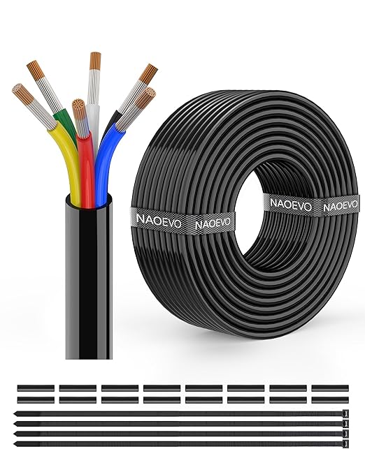 NAOEVO 16 Gauge Wire 6 Conductor Electrical Wire, 16 AWG Stranded PVC Cord, 12V Low Voltage/Tinned Copper/Flexible Cable for Automotive Wiring, Lamp Cord, Marine Cable (50FT)