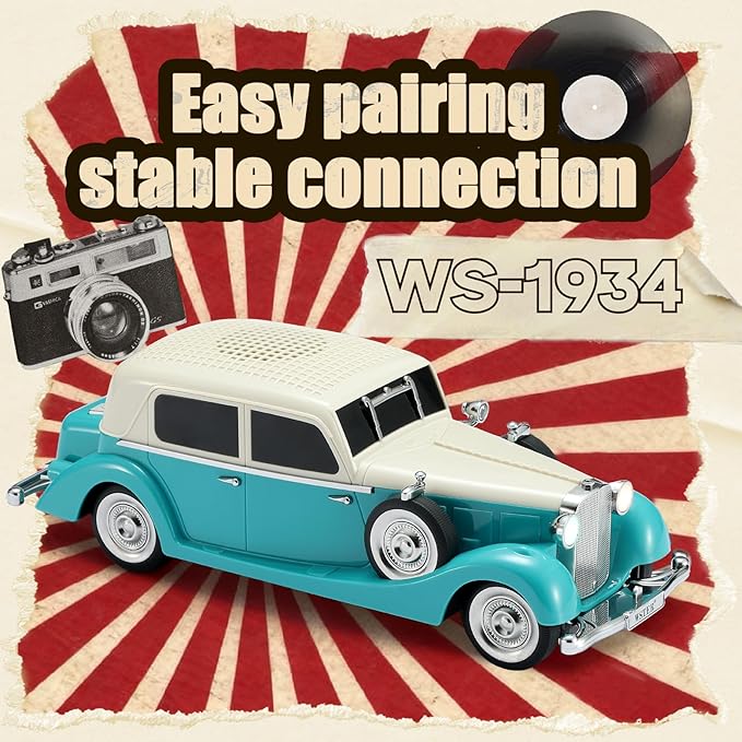 WS-1934 Retro Classic Car Bluetooth Replica Speaker – Wireless HD Sound with FM Radio,TWS Stereo,LED Party Lights,Built-in Microphone Hands-Free Call, Surprise Portable Gift for Party Use(Green)