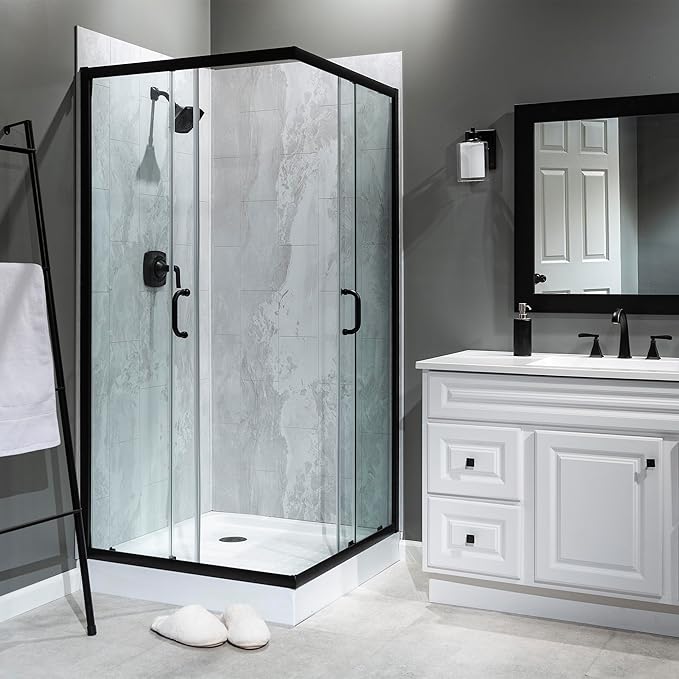 Palisade 78in x 36in x 36in Waterproof Vinyl Corner Shower Surround Kit with Accessories in Urban Fjord
