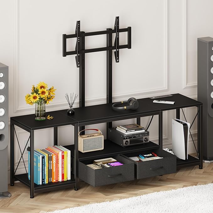 GYIIYUO LED TV Stand with Mount and Power Outlet & Fabric Drawers for 32-85 Inches TV - Entertainment Center and Industrial TV Console Table for Living Room, Bedroom- 47" Black