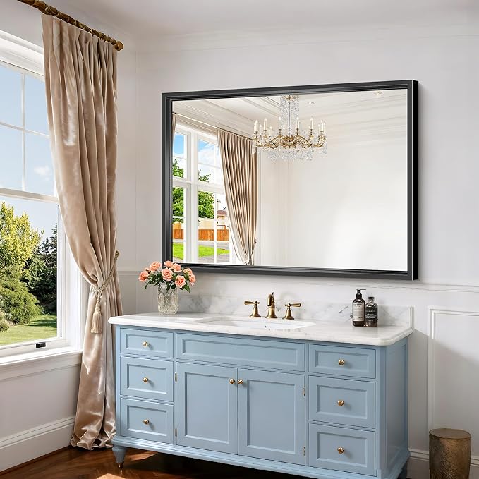 Black Bathroom Mirror, 36x48 Inch Large Rectangle Mirror, 0.6" Thickened Deep Frame Mirrors for Wall Over Sink, Brushed, Shatterproof Tempered Glass, Antirust, Horizontally or Vertically
