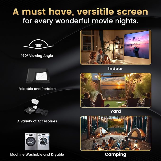 2025 Upgraded Portable Projector Screen - Black Backing,Straight Edges, Foldable, Washable and Wrinkle-Free - for Indoor Home Theater and Outdoor Cinema - 84 inch White 16:9 by IOLIEO