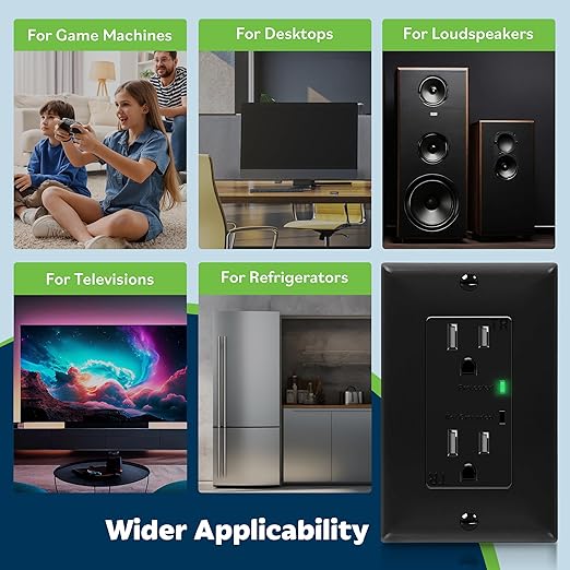 TOPGREENER Surge Protector Receptacle with Grounding Indicator, Child Safe, Tamper-Resistant, Self-Grounding, 900 Joules, 2-Pole, 15A 125V, UL Listed, TGTRSS215R-BK, Black