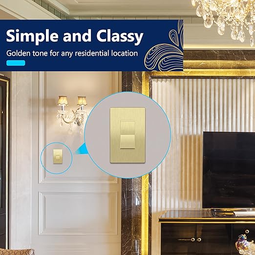 LIDER Brushed Gold Minimalist Design Decorator Switch, Frameless Paddle Wall Light Switch, On/Off Rocker Switch, Single Pole, Residential Grade, UL Listed, 3 Wire, 15A 120-277VAC
