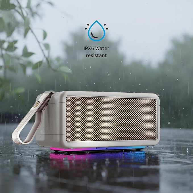 AT&T Essentials Retro 40W Bluetooth Speaker, IPX6 Waterproof, Bluetooth 5.3, LED Light Modes, Bass & Treble Control, 12H Battery, USB-C Charging, Outdoor & Indoor Use, Home Audio System - Cream